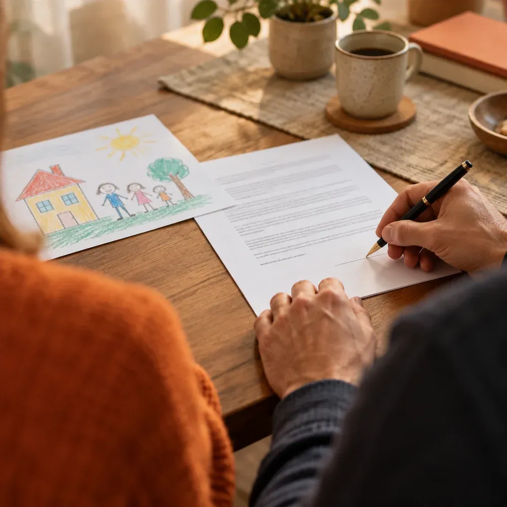 Hands signing an agreement next to a child's drawing
