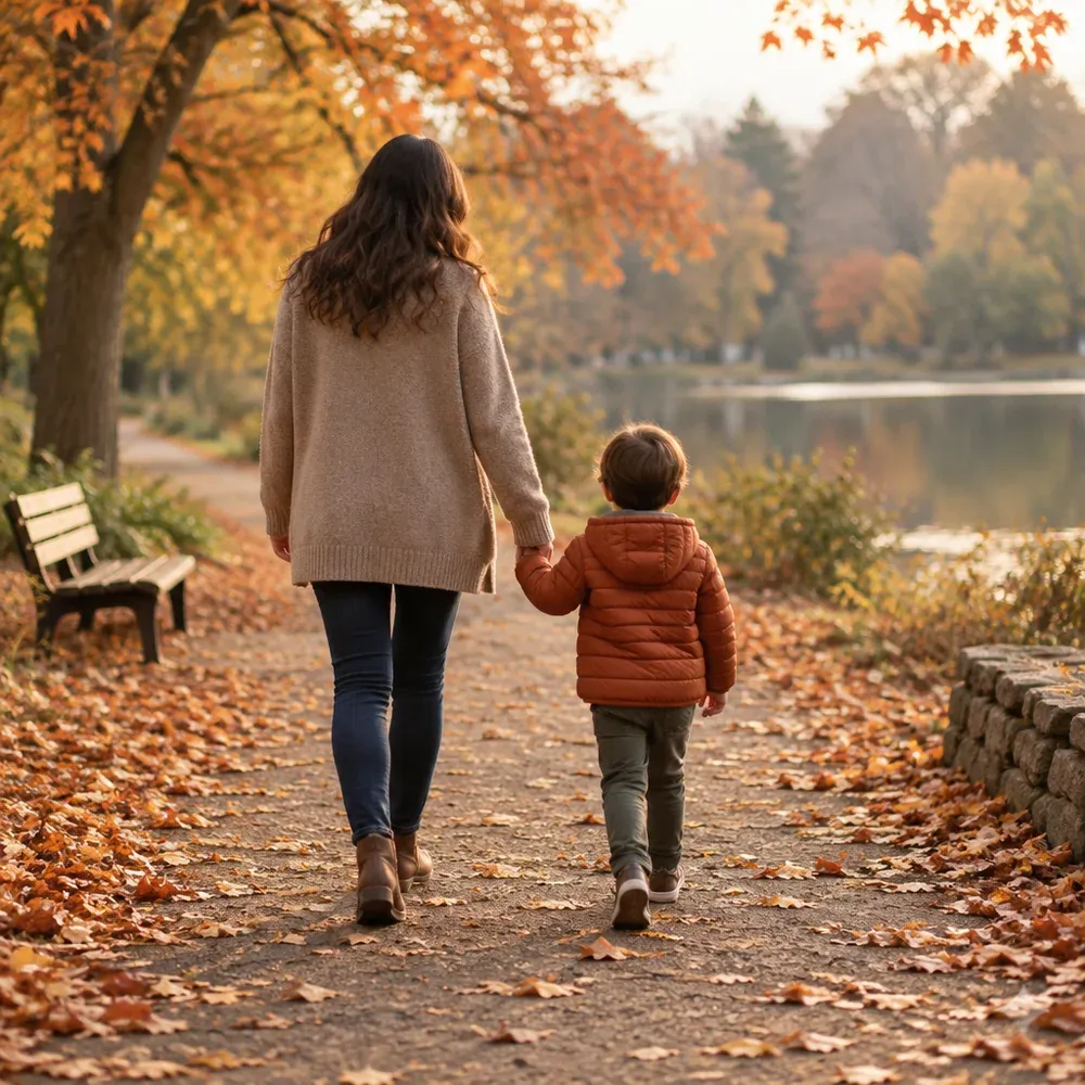 A parent and child walking hand in hand in a park, seen from behind
