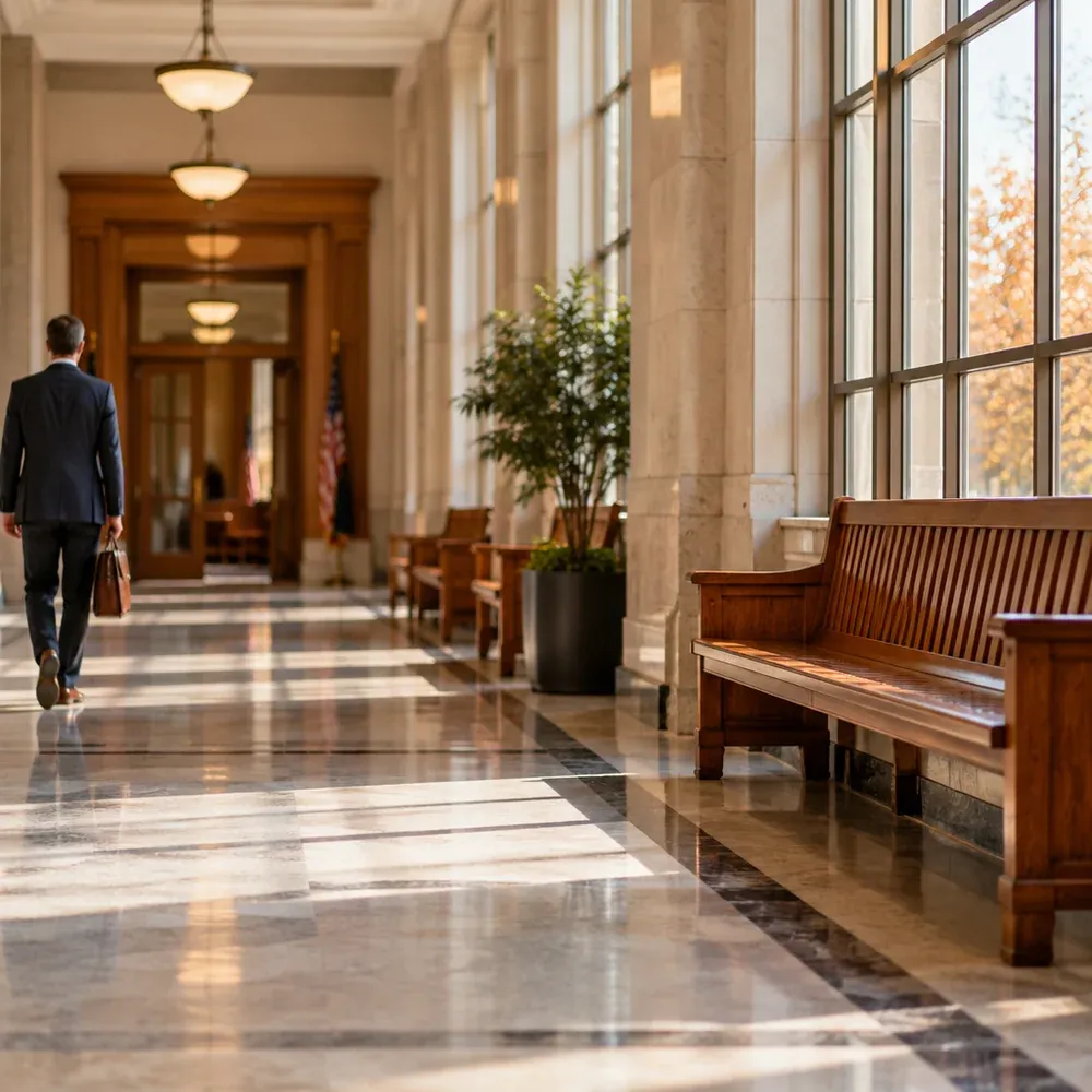 An empty courthouse hallway with wooden benches