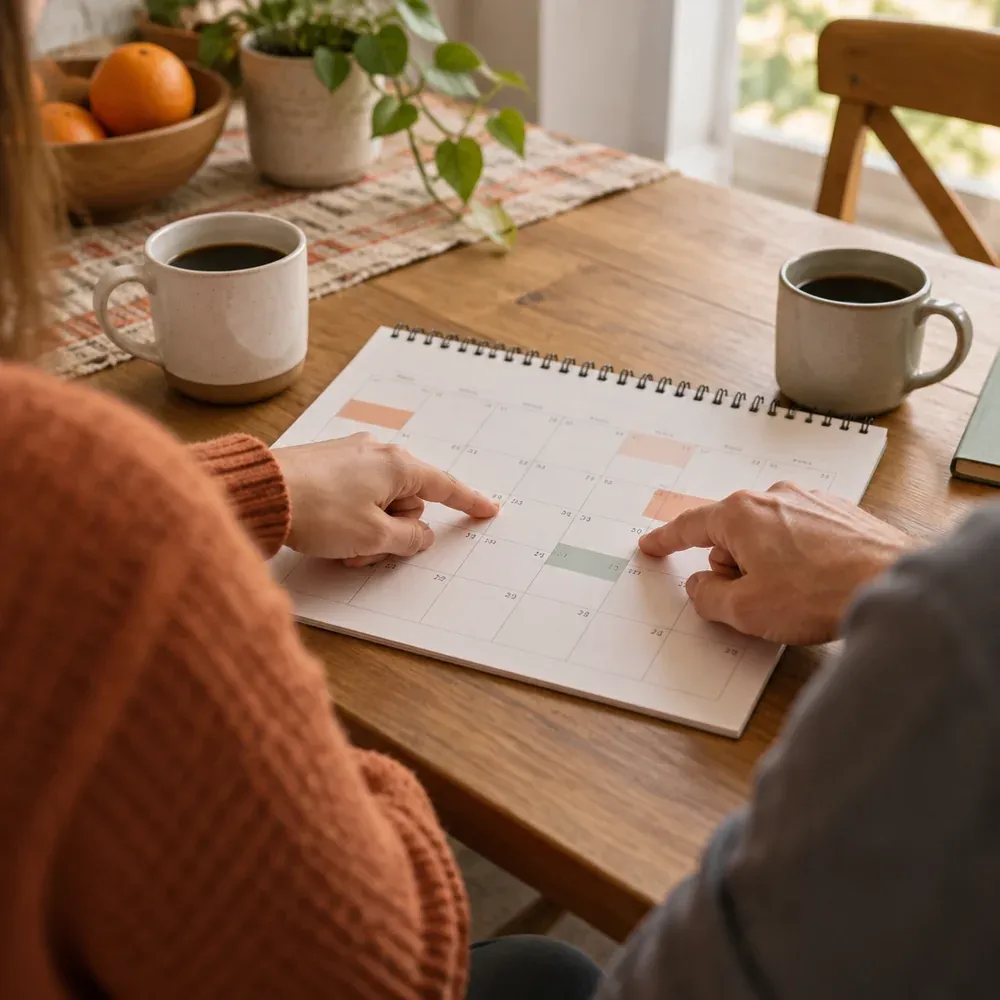Two hands pointing at dates on a shared family calendar