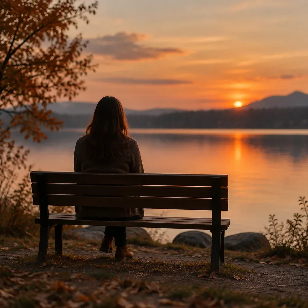 A person sitting alone on a lakeside bench at dusk, seen from behind