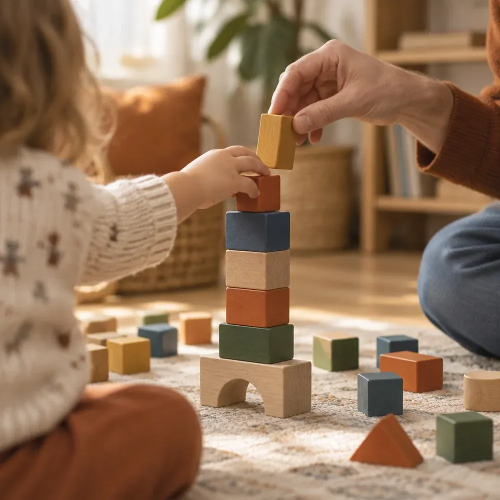 An adult and a child building a tower of wooden blocks