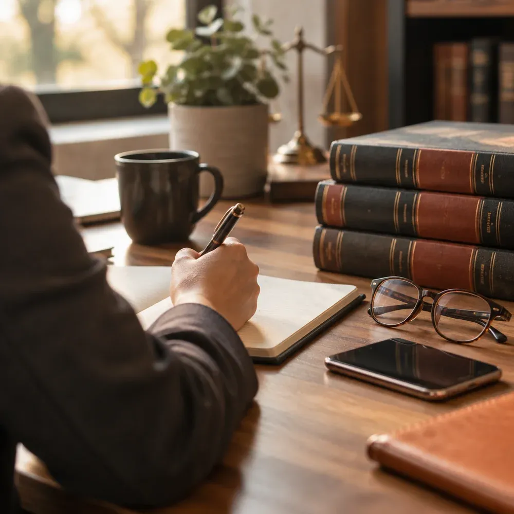 A notepad, glasses and a phone on a desk beside law books
