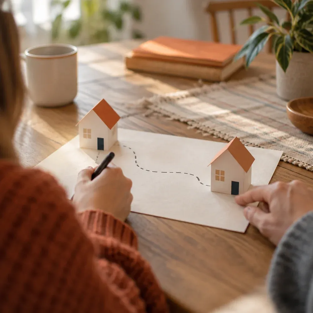 Two paper houses on a table linked by a drawn dotted path