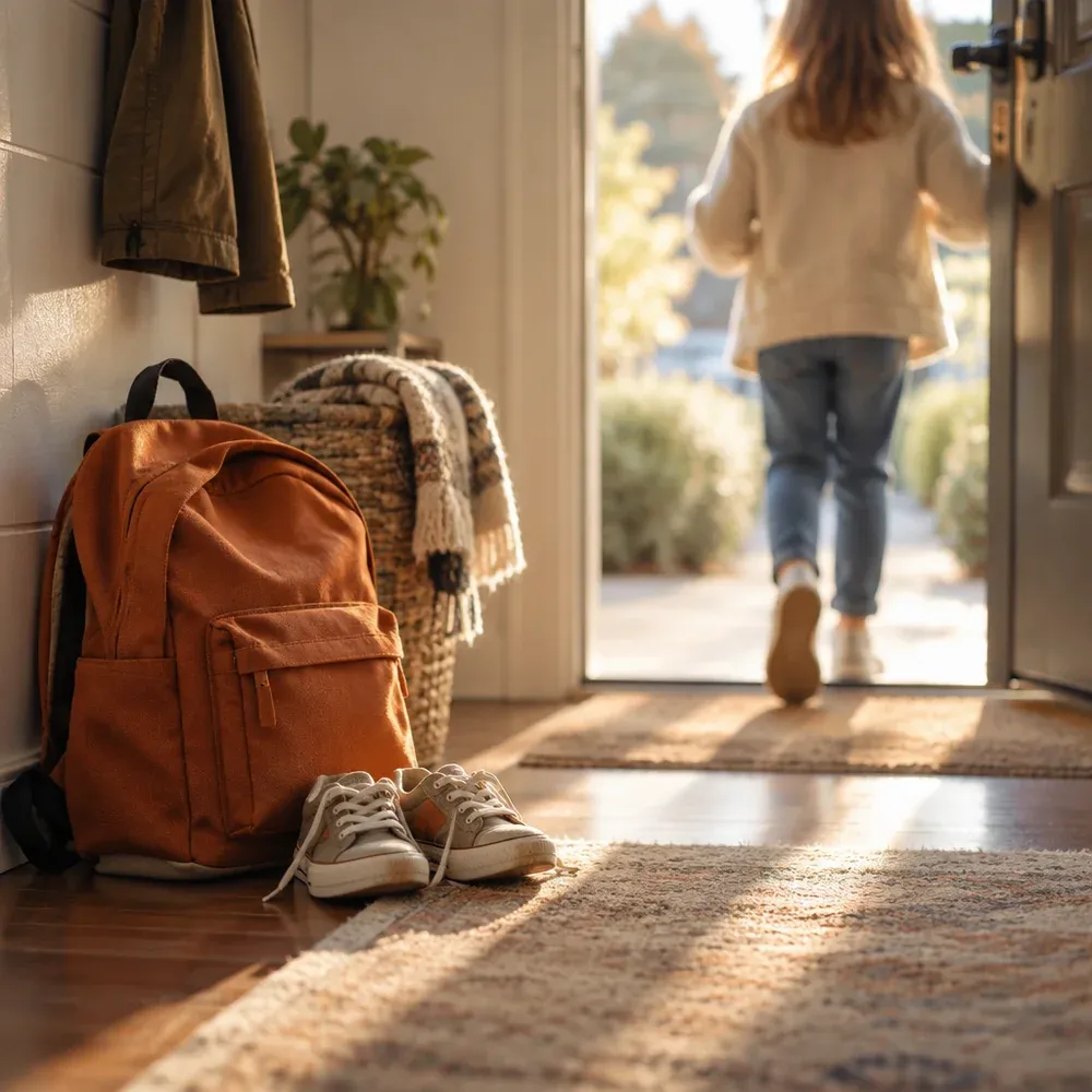 A child's backpack and sneakers by a front door