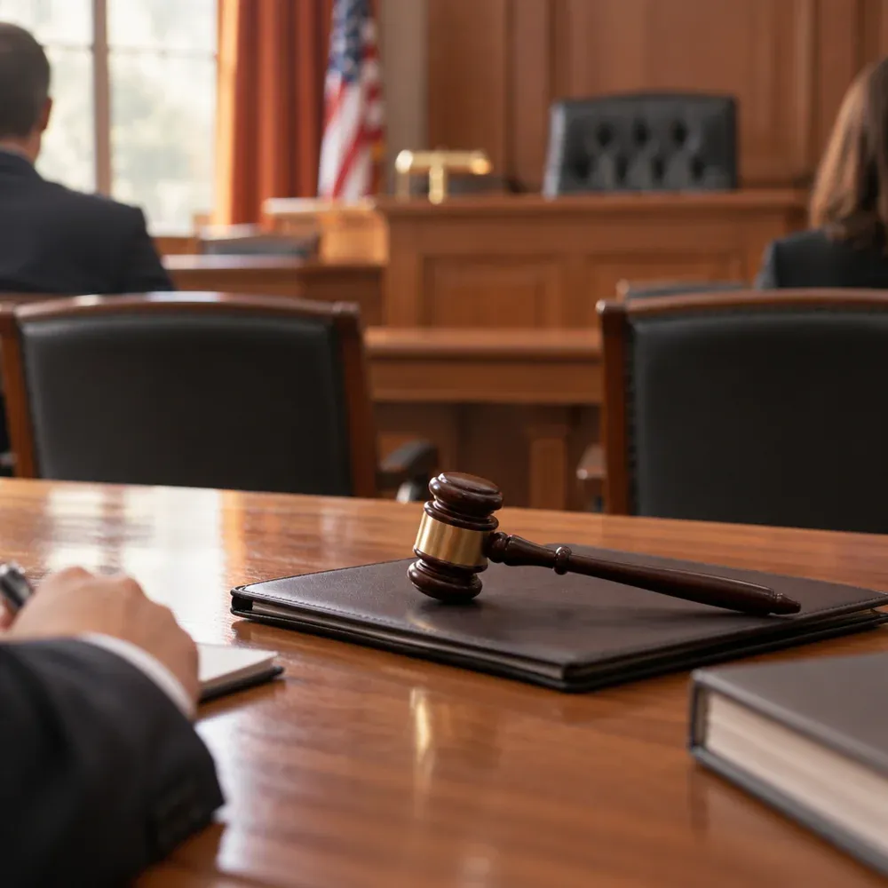 A wooden gavel on a closed folder in an empty courtroom